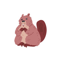 Vector image of a charming scared brown beaver with a flat tail and two teeth