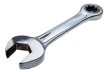 Close-up image of a shiny metal wrench isolated on a white background, perfect for tool-related projects and industrial themes.