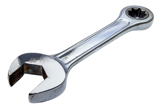 Close-up image of a shiny metal wrench isolated on a white background, perfect for tool-related projects and industrial themes.