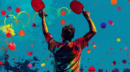 Victorious Table Tennis Player Celebrates; Olympic Rings Backdrop with Confetti - Event Banner Design