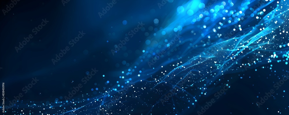 Poster abstract blue background with glowing lines and dots forming an interconnected network pattern, symb