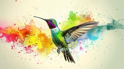 Obraz premium A hummingbird hovers around a burst of colorful paint splashes capturing the delicate beauty of nature in vivid hues