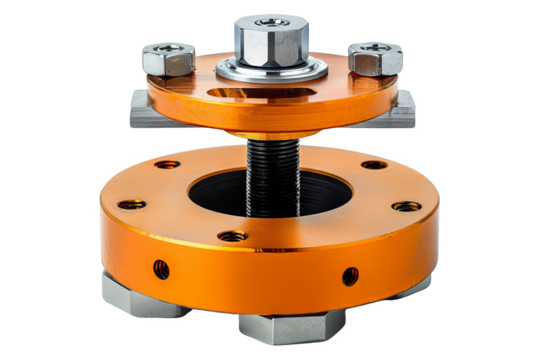Close-up view of an industrial valve assembly with orange components and metallic bolts for mechanical engineering applications.