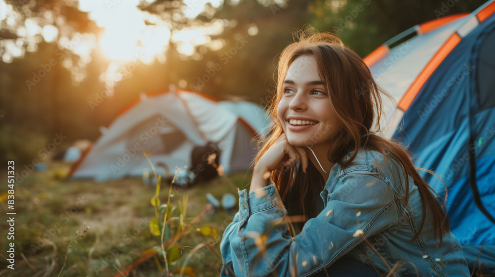 Wall mural Hapy young woman smiling between the camp tents in a campsite