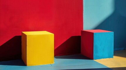 Colorful geometric shapes under sunlight in modern design. Shadows interplay on vibrant yellow and blue cubes with red and blue background.