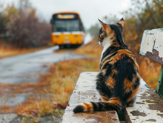 little cute tricolor kitten in the bus stop waiting for owner