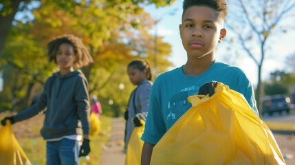 Boys volunteering and clean up the forest from the trash