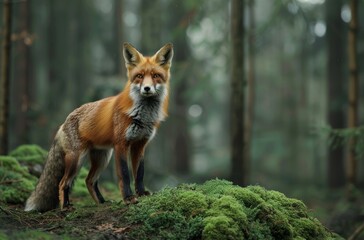 A fox standing on mossy rocks in the forest 