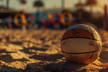 Warm Beach Volleyball Sunset with Olympic Rings in Background, Ideal for Sports Event Promotions