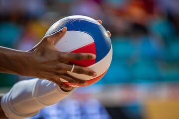 Volleyball Player's Intense Grip During Olympic Match, Highlighting Hand Details and Ball Texture