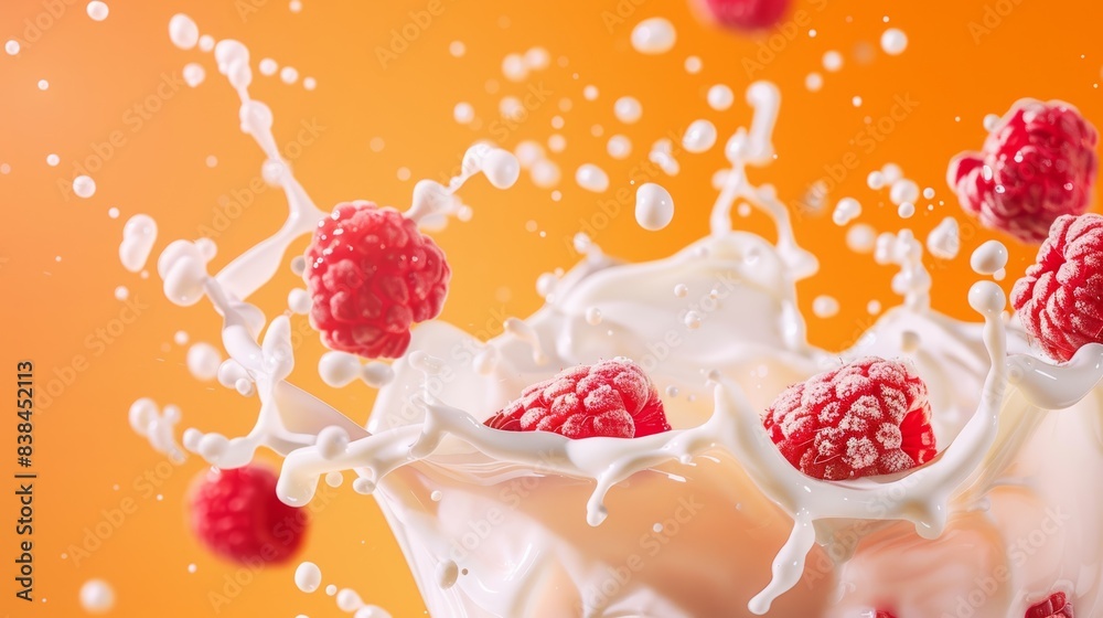 Wall mural Splash of Yogurt with Fresh Raspberries in Motion Against Bright Orange Background - Perfect for Ads or Posters