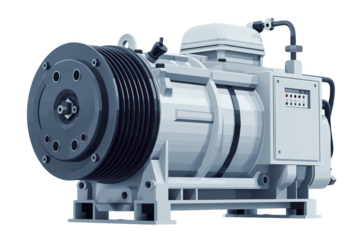 High-tech industrial compressor with components, isolated on white background, used in various engineering and mechanical applications.