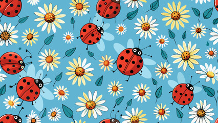 The image features a repeating pattern of red ladybugs and white daisies on a light blue background © Ali