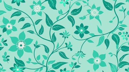 The image displays a pattern of green botanical illustrations against a light blue background