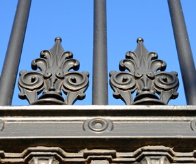 Detail of decorative metal fence. old ancient fence or metal fence with a figured pattern closeup