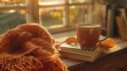 Cozy scene with warm blanket, steaming coffee mug and book on sunlit autumn window table