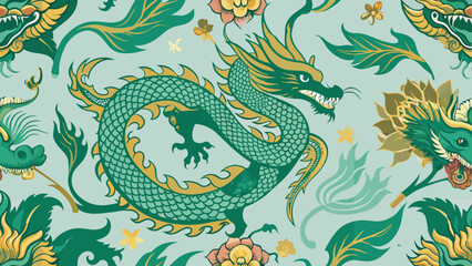 Obraz premium The image features a vibrant and colorful pattern that includes elements of Chinese mythology and nature
