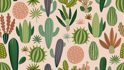 The image displays a pattern of various cacti and succulents in a stylized