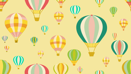 Pattern of colorful hot air balloons on a pale yellow background, featuring various sizes and designs with stripes and checkered patterns in pastel shades of green, pink, orange, and yellow.