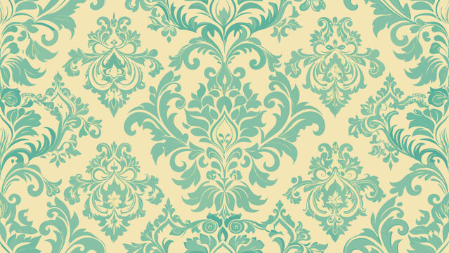 Ornate teal damask pattern on a cream background, featuring symmetrical floral and scroll motifs in a repeating design.