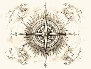 Naklejka premium Vintage nautical compass windrose ship wheel pattern hand drawn illustration