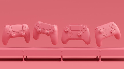 Set of gamer joysticks or gamepads on factory line on monochrome background