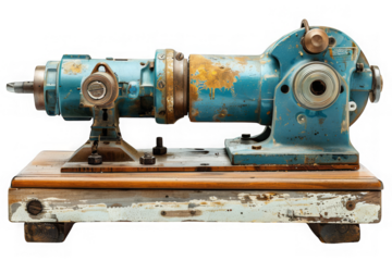 Vintage blue lathe machine on wooden base, showcasing antique industrial equipment and detailed metalwork.