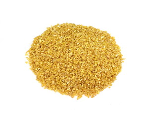 Pile of bulgur raw grain isolated at white background. 