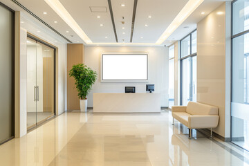 Fototapeta premium Modern clinic reception lobby interior with blank white screen, clean waiting area, and professional design.