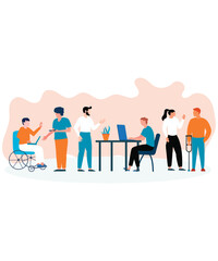 Flat Style Art Of 6 Corporate People In Diversified Workplace Setting Showing Diversity And Inclusion