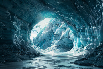 Ice cave with light at the end. Cave in the glacier from the inside
