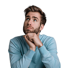 Fototapeta premium thoughtful handsome man looking up thinking about something deep leaning chin on hands. Pensive concept.