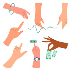 Set of human hands. Vector hands of a man and woman holding a bill, pressing a button, moving a chip, pointing gesture. isolated on white background