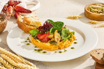 Sweet Potato Mash with Roasted Vegetables and Hummus – Trendy Stock Photo of Healthy Vegetarian Cuisine