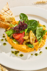 Fresh Sweet Potato Puree with Roasted Vegetables and Hummus
