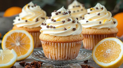   Close-up cupcakes with icing, chocolate chips, lemons and cloves