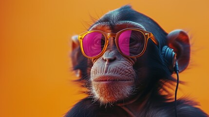 Portrait of a cute chimpanzee in sunglasses with headphones on orange background