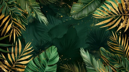 Luxurious wallpaper featuring gold tropical leaves in watercolor style.   © Chingiz