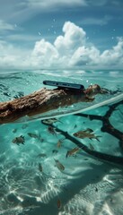 Waterproof Smartphone on Driftwood in Clear Shallow Island Waters with Nearby Fish and Mountains