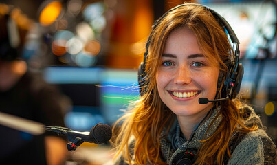 Smiling Radio Host Recording Podcast with Co-Host in Modern Broadcasting Studio