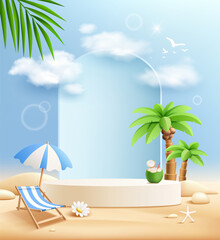 Summer podium display poster flyer design, coconut trees, pile of sand, coconut fruit, beach umbrella, on blue background, EPS 10 vector illustration
