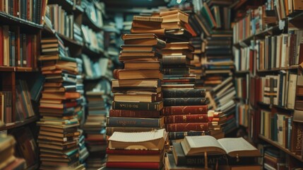A stack of books arranged prominently in the foreground.

