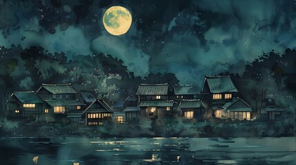 Peaceful Riverside Cottages Bathed in Moonlight Reflection