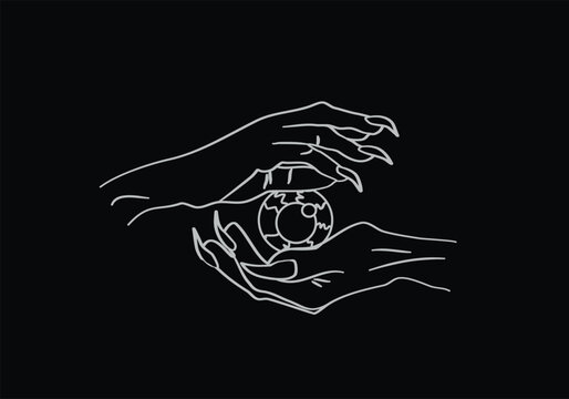 Vectote illustration. Moira's hands. Hold the eye in your hands. Graphic arts. Ink drawing. Witch hands. Long scary nails. The witch holds her eye.
