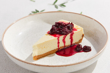 Delicious Cherry Cheesecake Slice on Rustic Plate