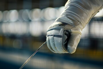 Close-Up of Fencer's Glove Gripping Foil on Piste - Strength and Precision in Fencing