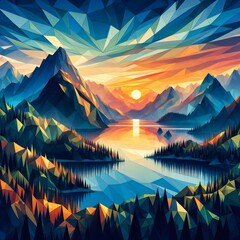 Beautiful sunset mountain landscape with a lake, low-poly art style