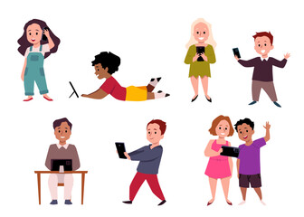 A set of flat illustrations showing how children use their gadgets.