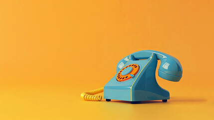 A vibrant and nostalgic blue rotary phone set against a warm yellow background