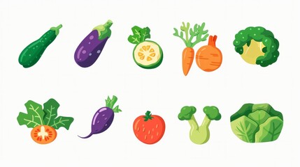 Illustrated set of vegetables including cabbage, broccoli, cucumber, tomato, zucchini, eggplant, and carrot.

